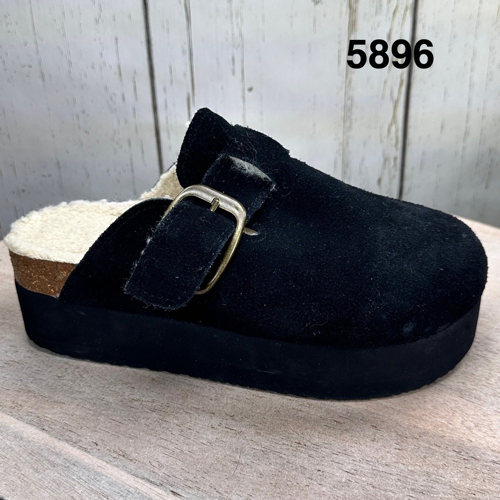 Cushionaire Womens Black Suede Platform Clogs Shearling Mules Size 7.5M